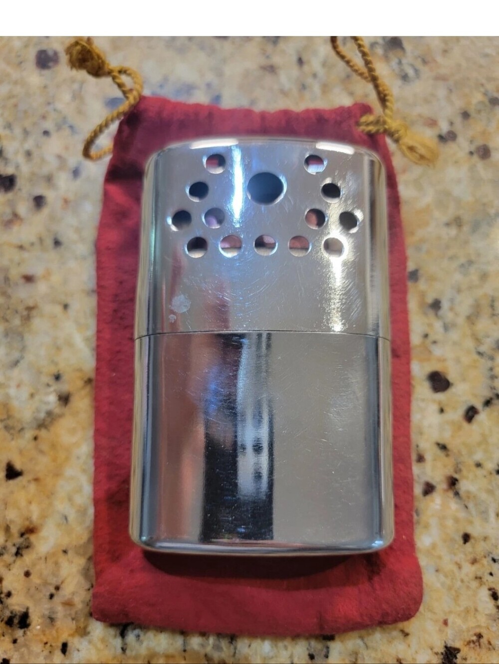 Vintage Jon-E Aladdin Labs Pocket Hand Warmer Made in USA Chrome With Bag
